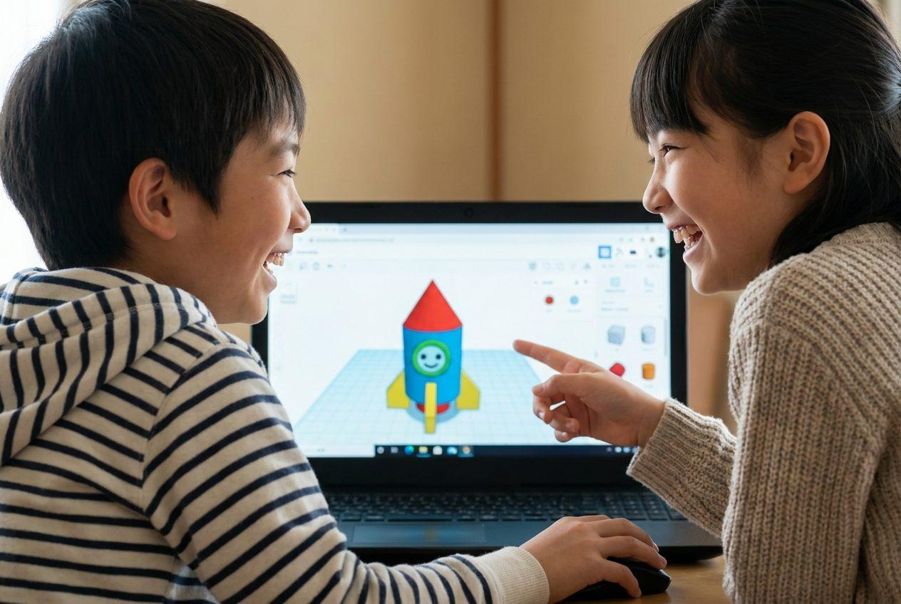 パソコンで3Dモデルを動かしながら笑い合う子どもたち