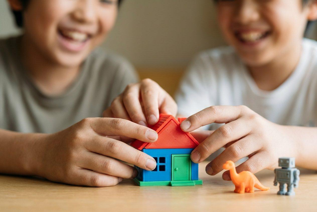 3Dプリントした家や恐竜のパーツを組み立てる子どもたちの手元