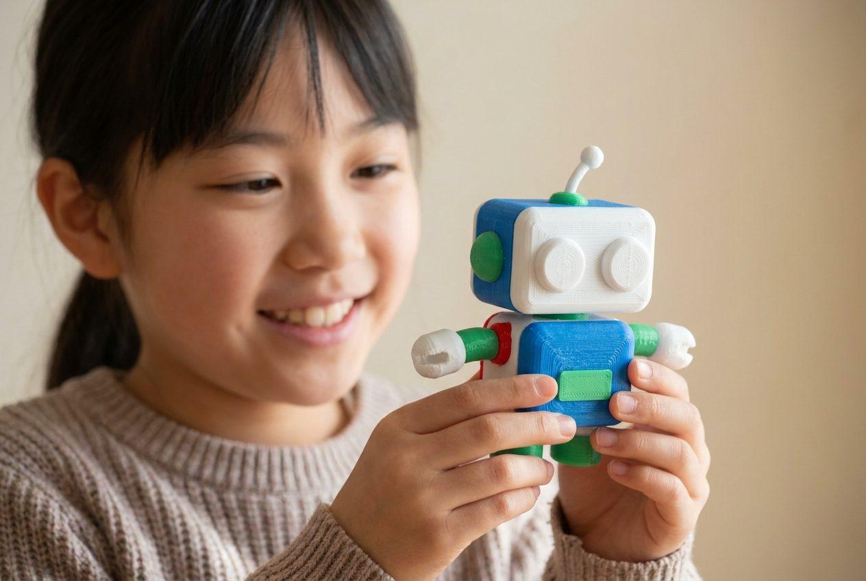 自分でつくった3Dプリントのロボットを手に笑う女の子
