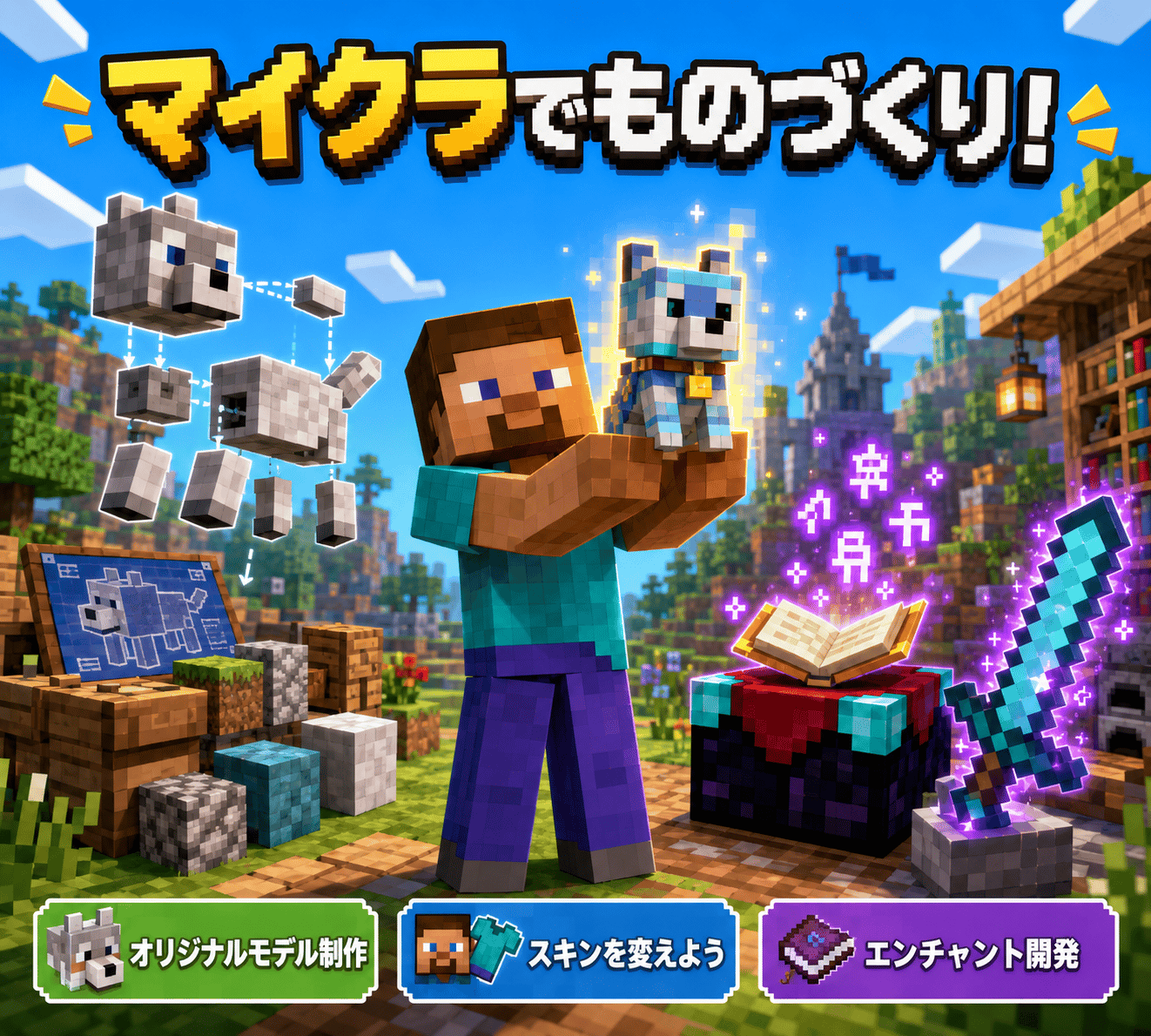 マイクラでものづくり（オリジナルモデル制作・スキンを変えよう・エンチャント開発）